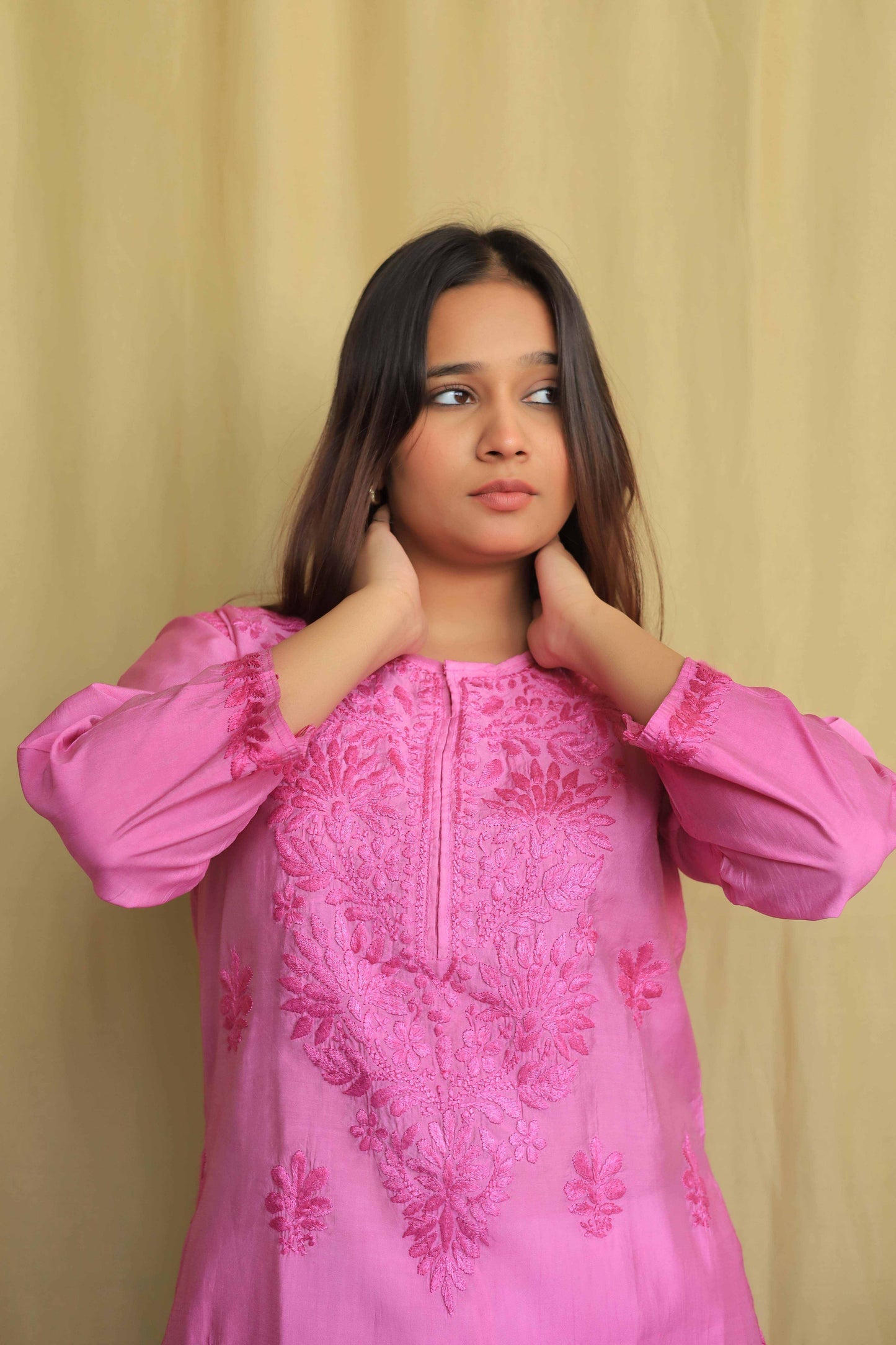 Premium Chanderi Chikankari Kurta - Pink