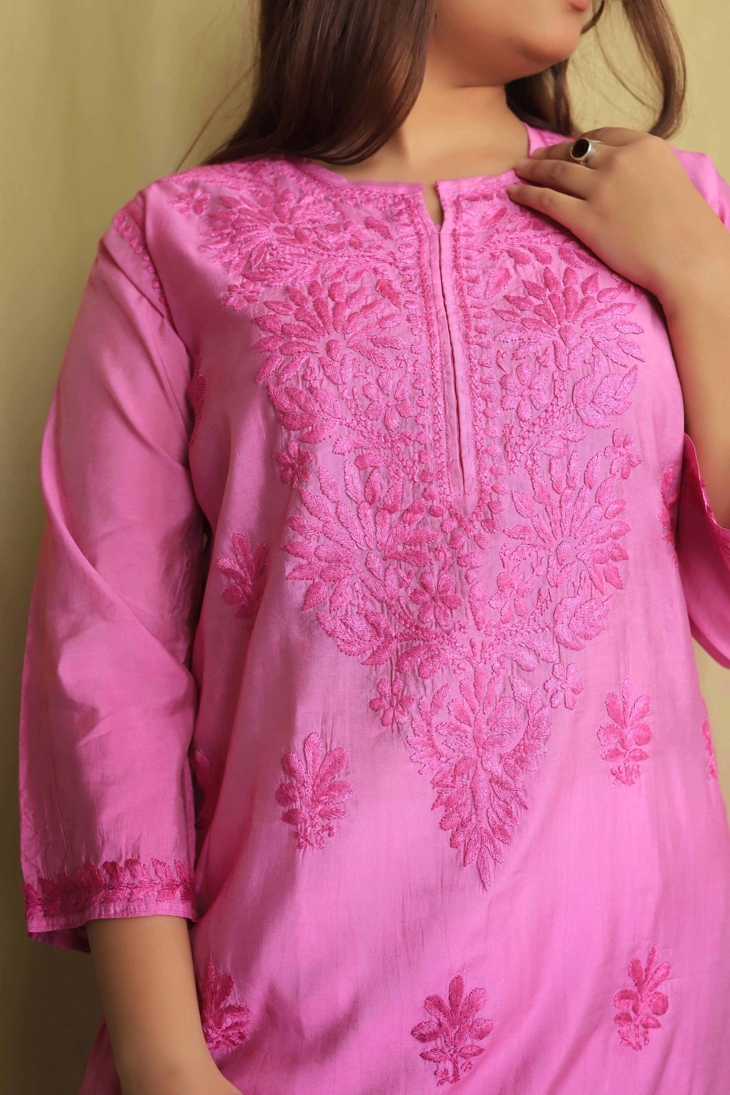 Premium Chanderi Chikankari Kurta - Pink