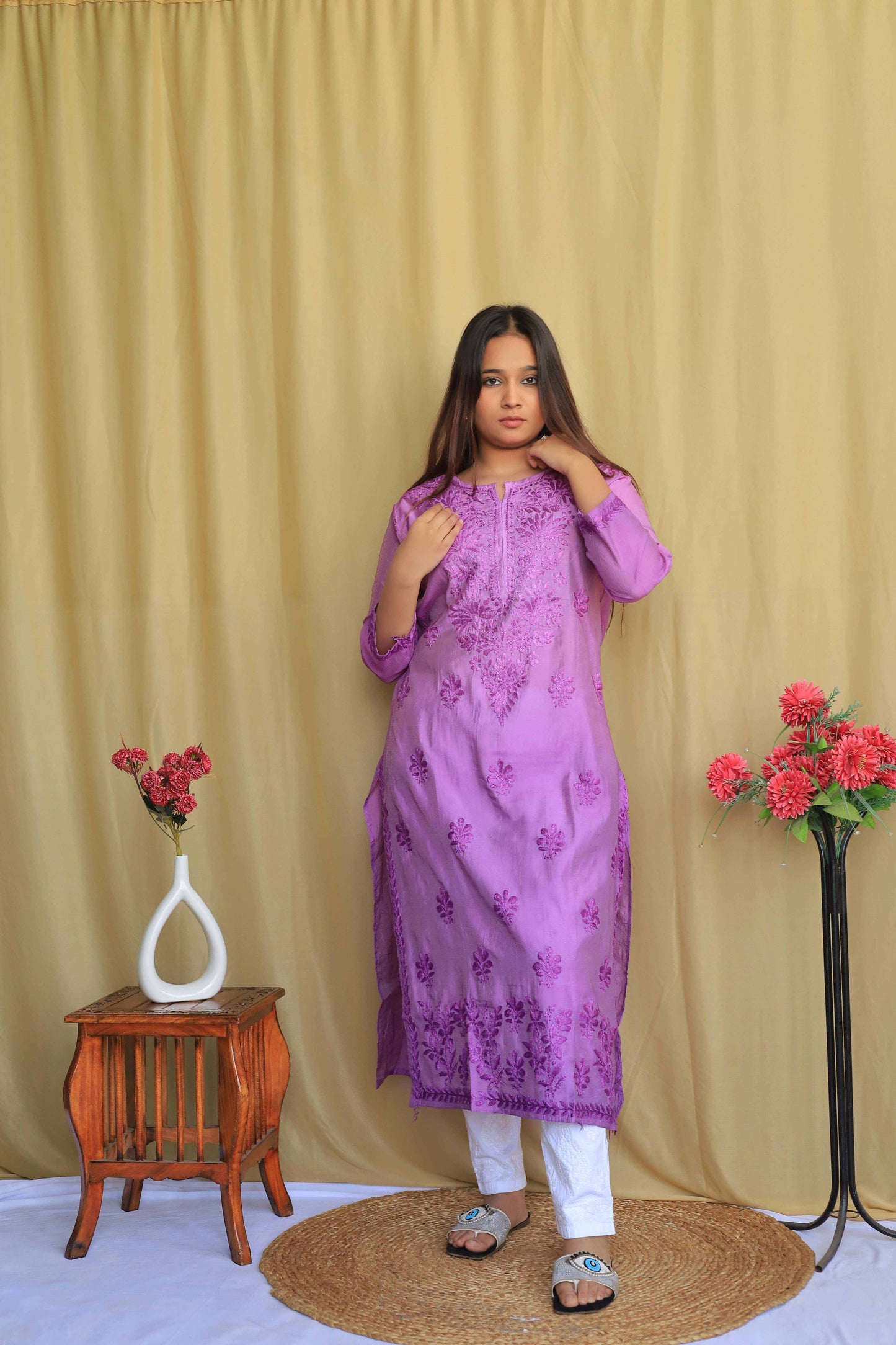Premium Chanderi Chikankari Kurta - Purple