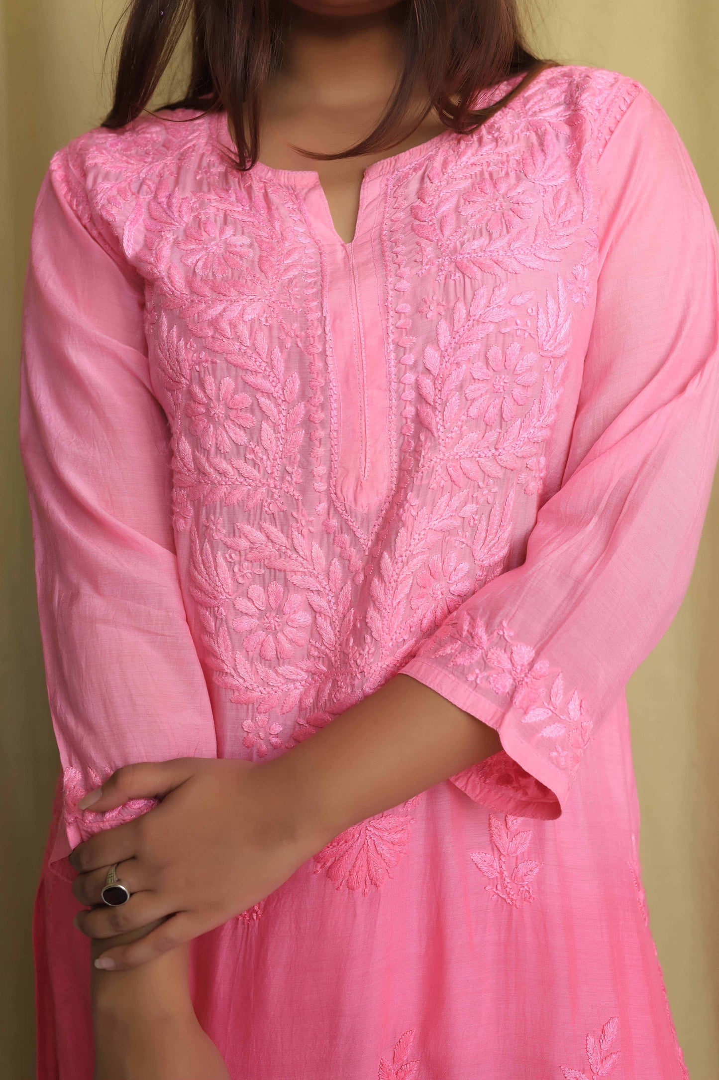 Premium Muslin Chikankari kurta palazzo set - Baby Pink ( Dual tone)