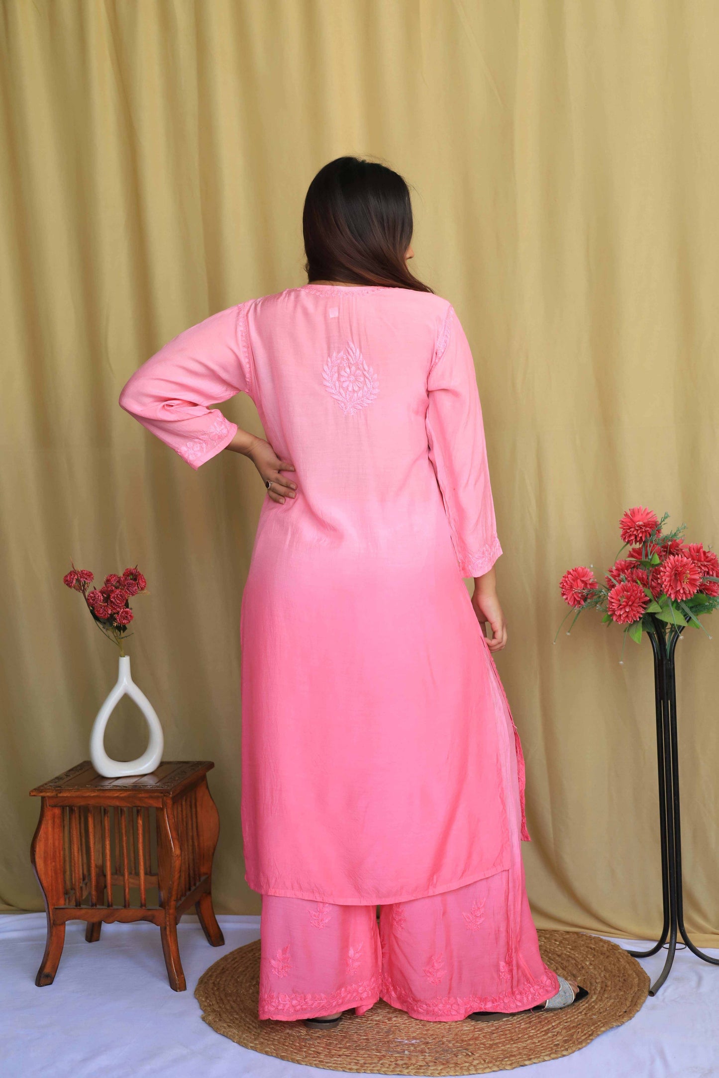 Premium Muslin Chikankari kurta palazzo set - Baby Pink ( Dual tone)