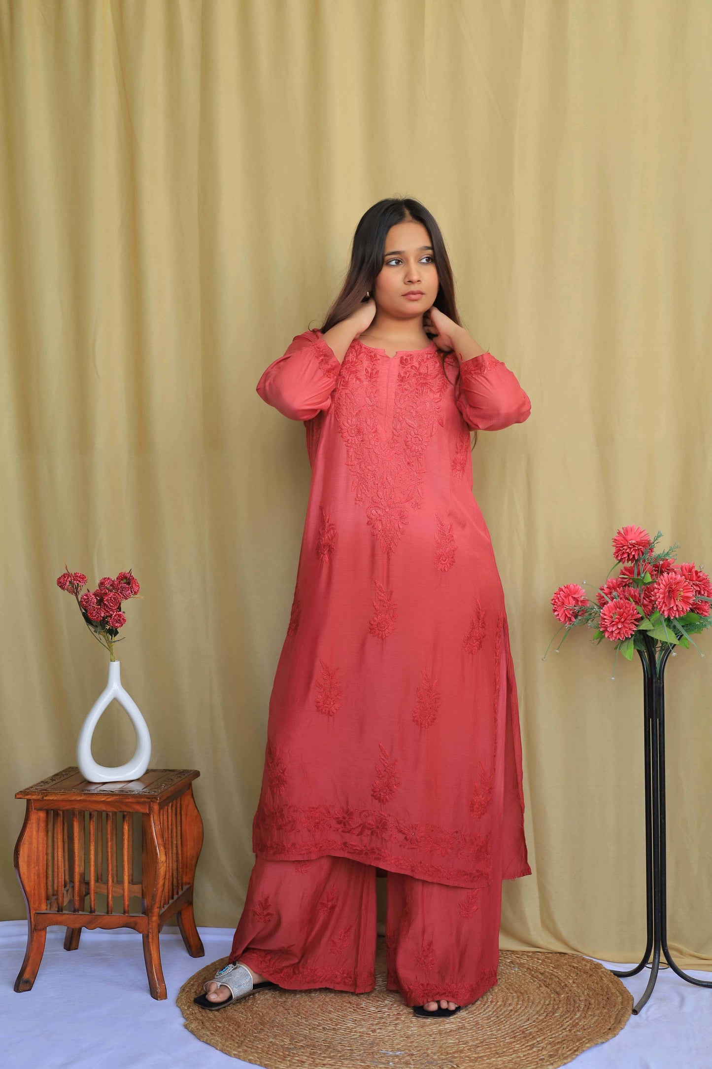 Premium Muslin Chikankari Kurta Palazzo set - Brick Orange ( Dual tone)