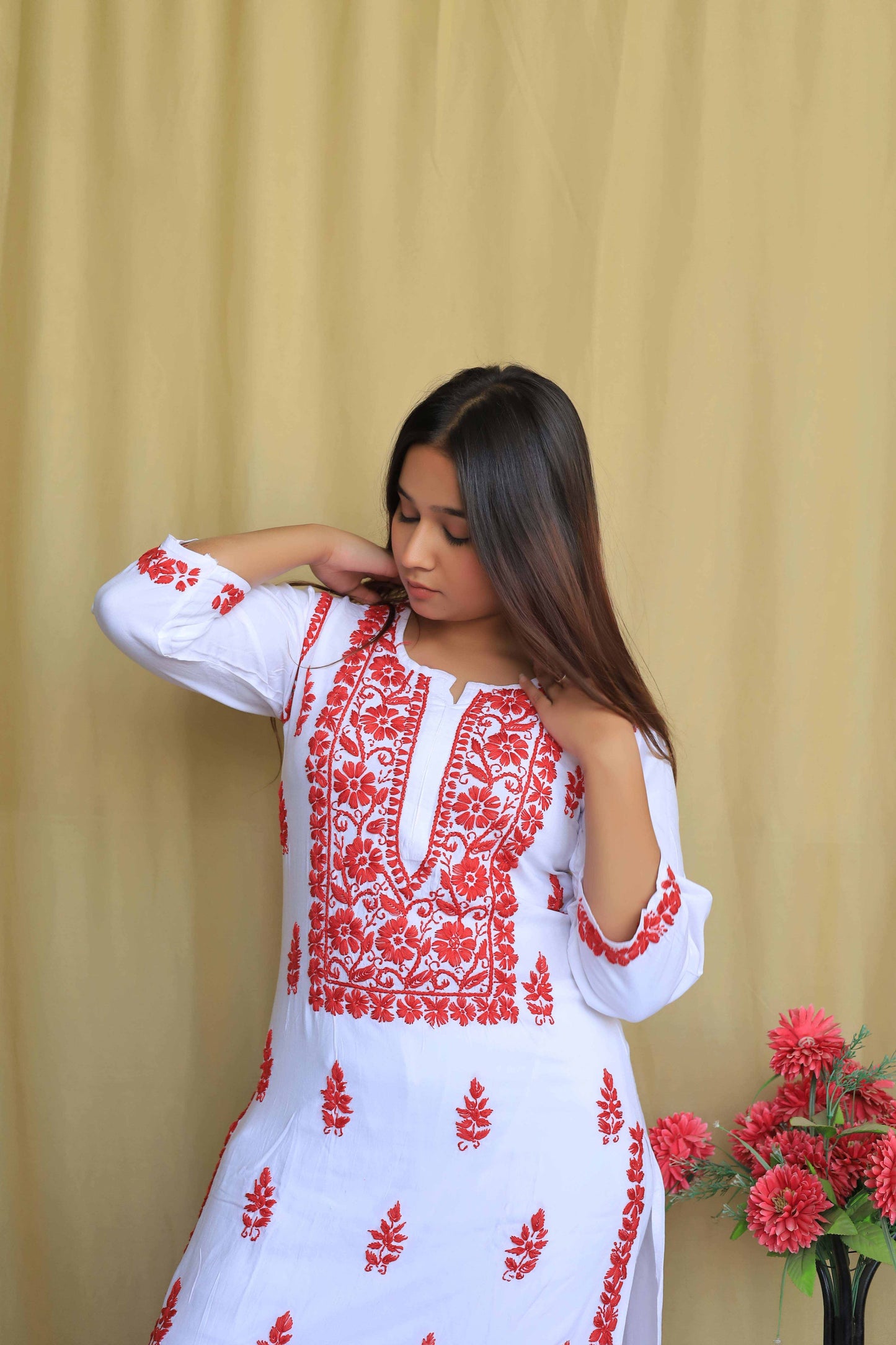 Premium Modal Chikankari Kurti - Red
