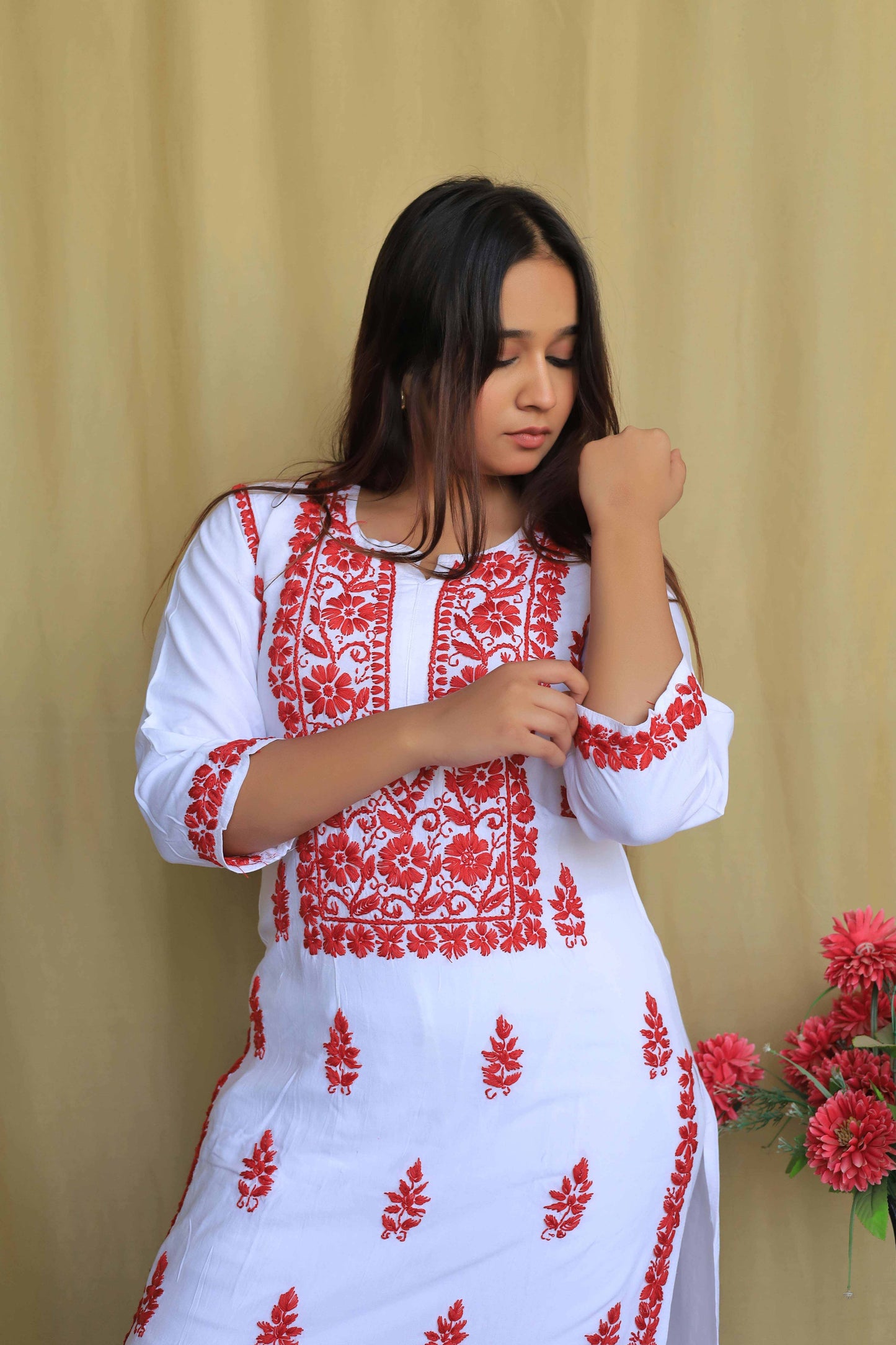 Premium Modal Chikankari Kurti - Red