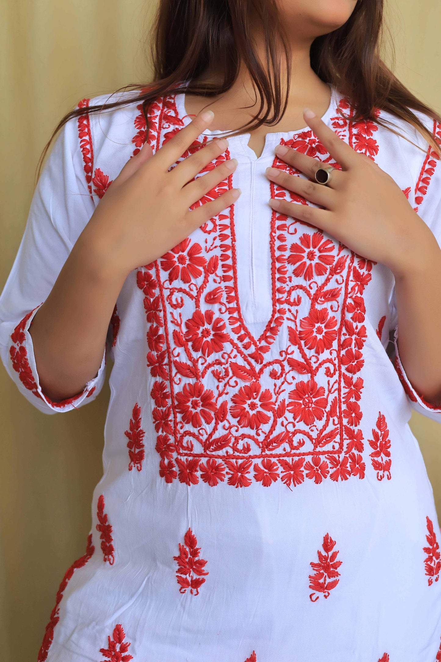 Premium Modal Chikankari Kurti - Red