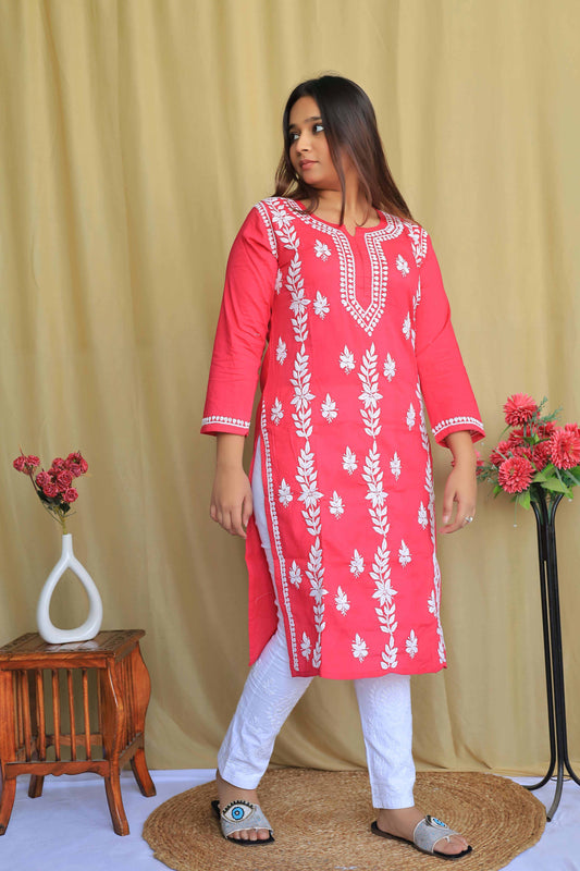Aabdaar Cotton Chikankari Kurta - Pink