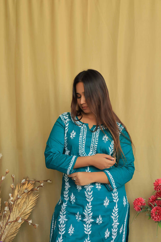 Aabdaar Cotton Chikankari kurta - Teal