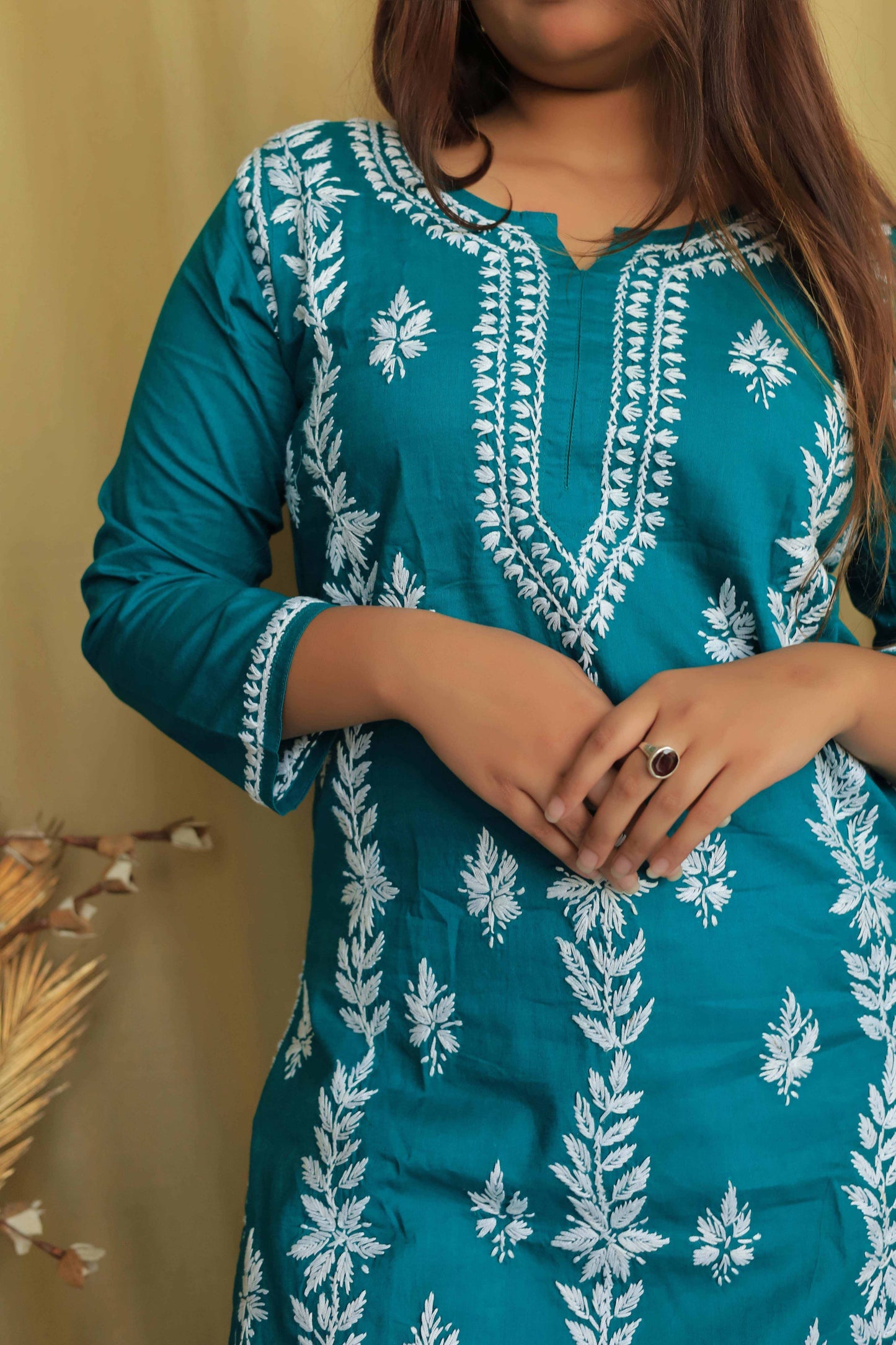 Aabdaar Cotton Chikankari kurta - Teal