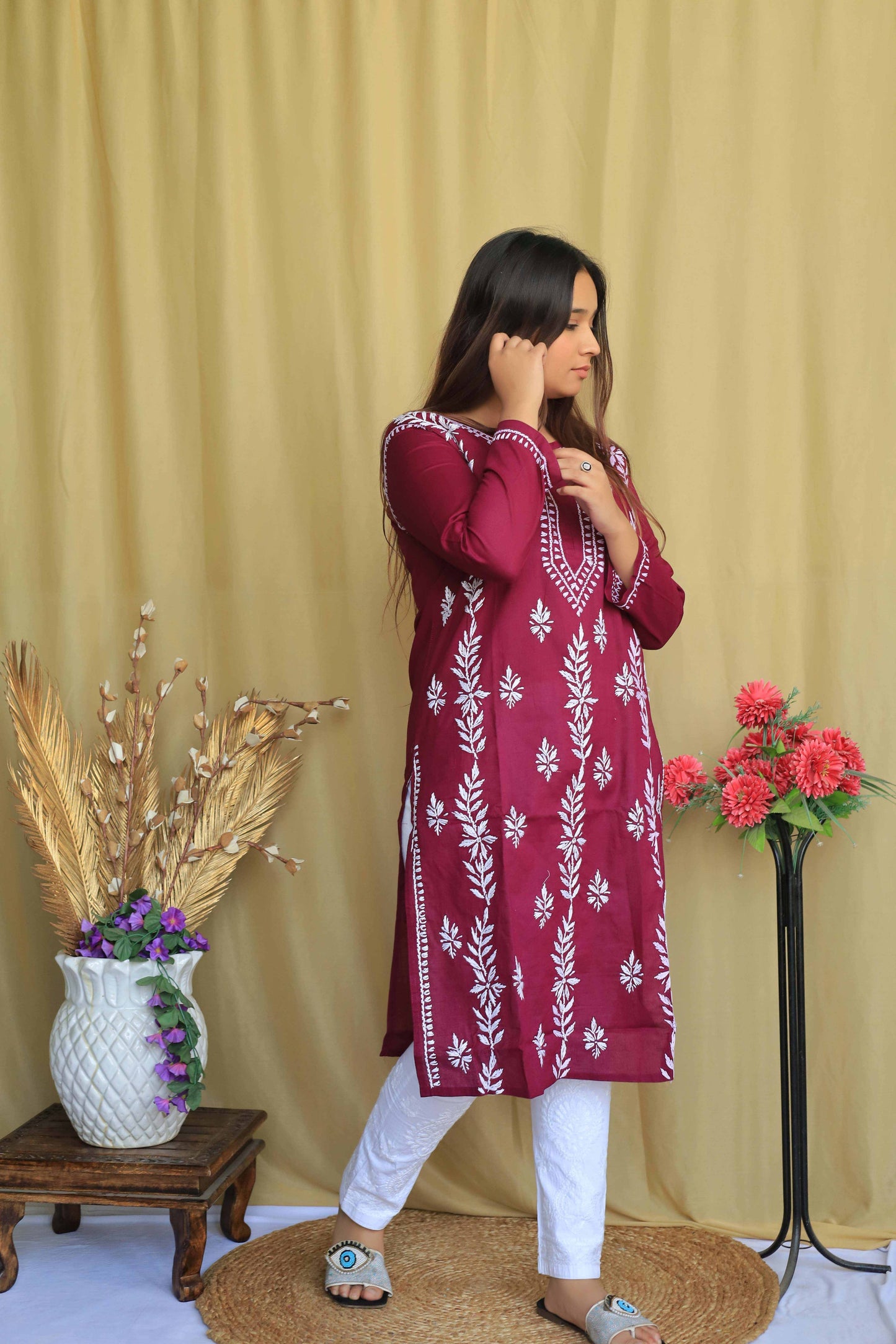 Cotton Chikankari Kurta - Rose Red