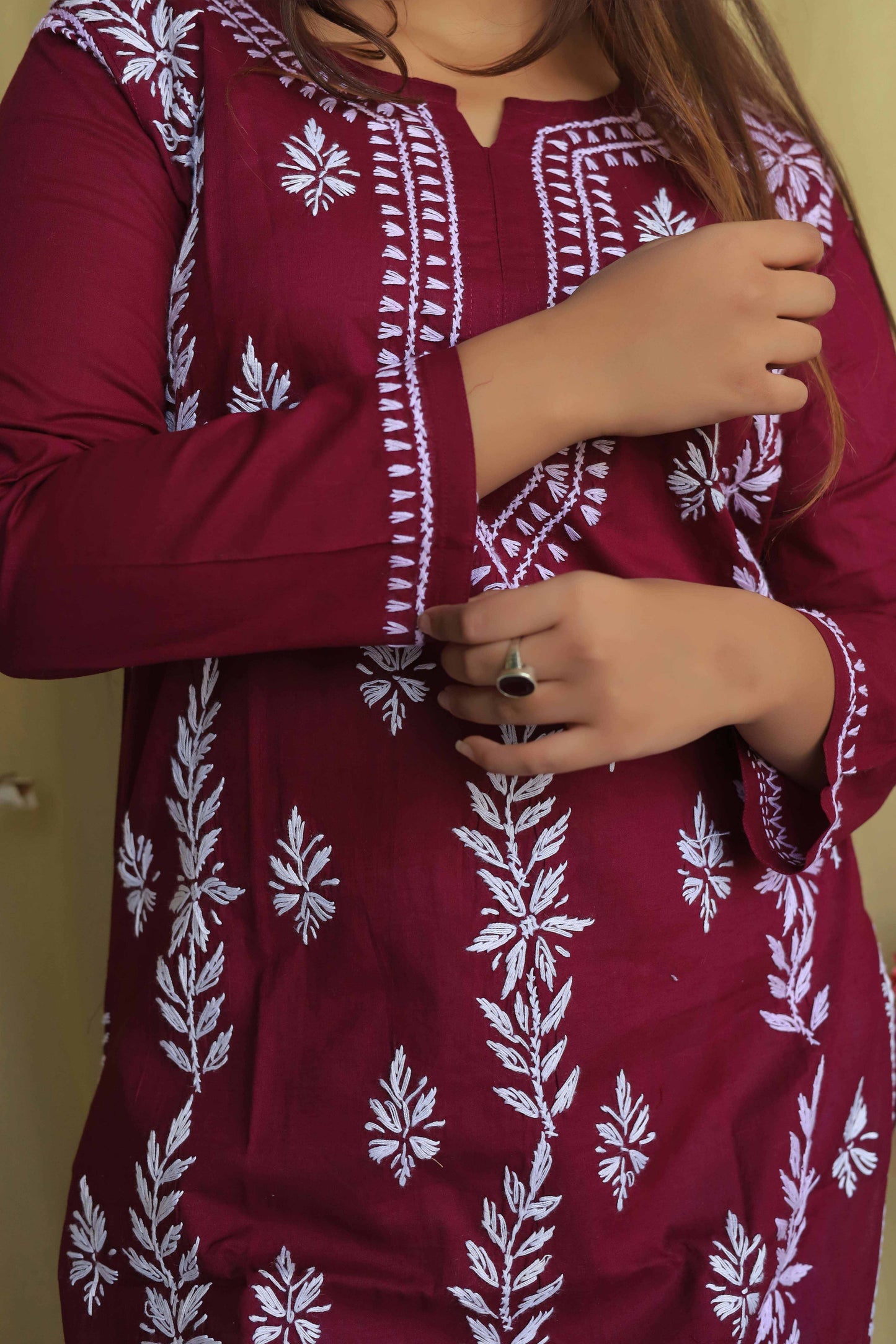 Cotton Chikankari Kurta - Rose Red