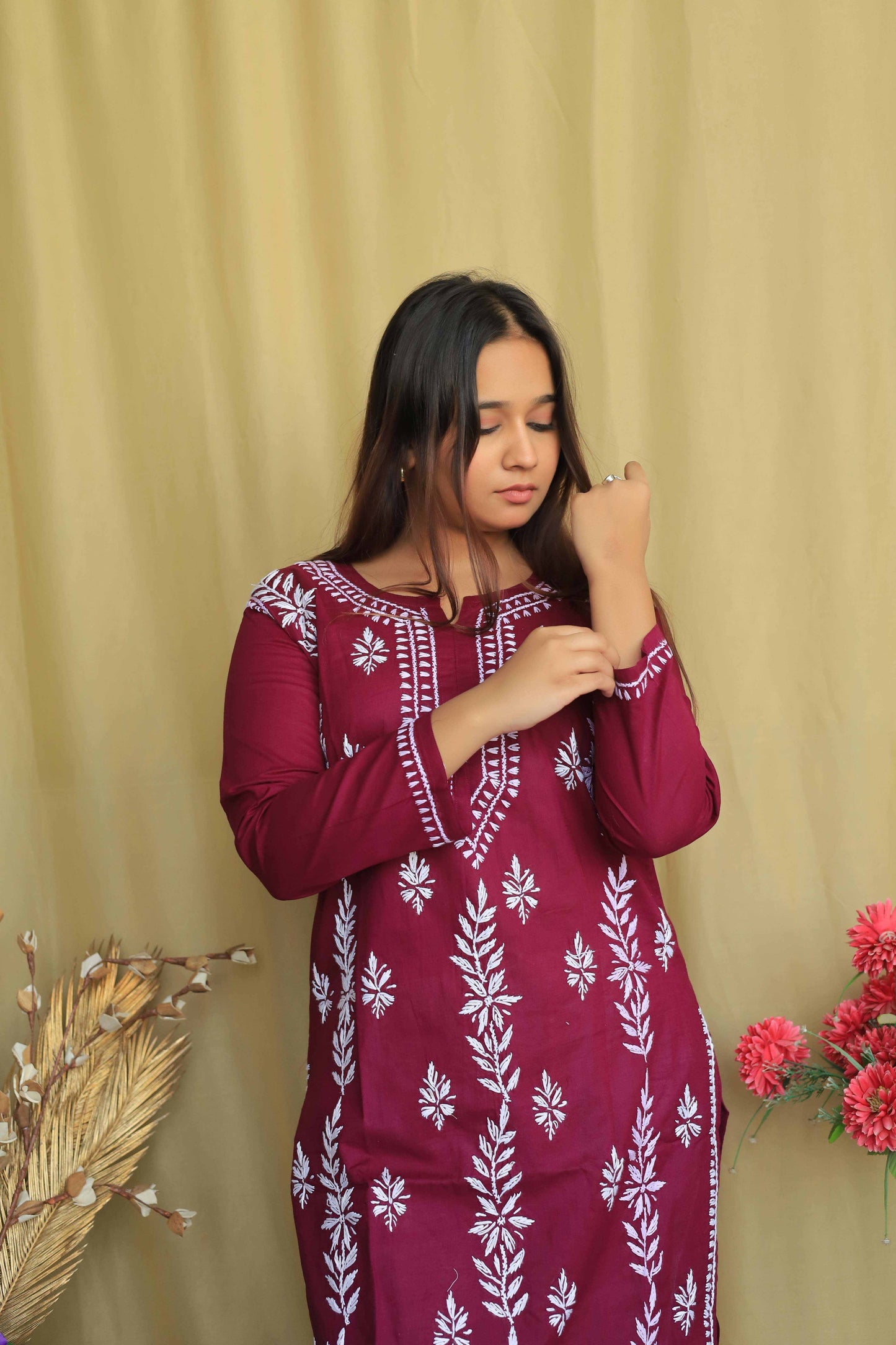 Cotton Chikankari Kurta - Rose Red