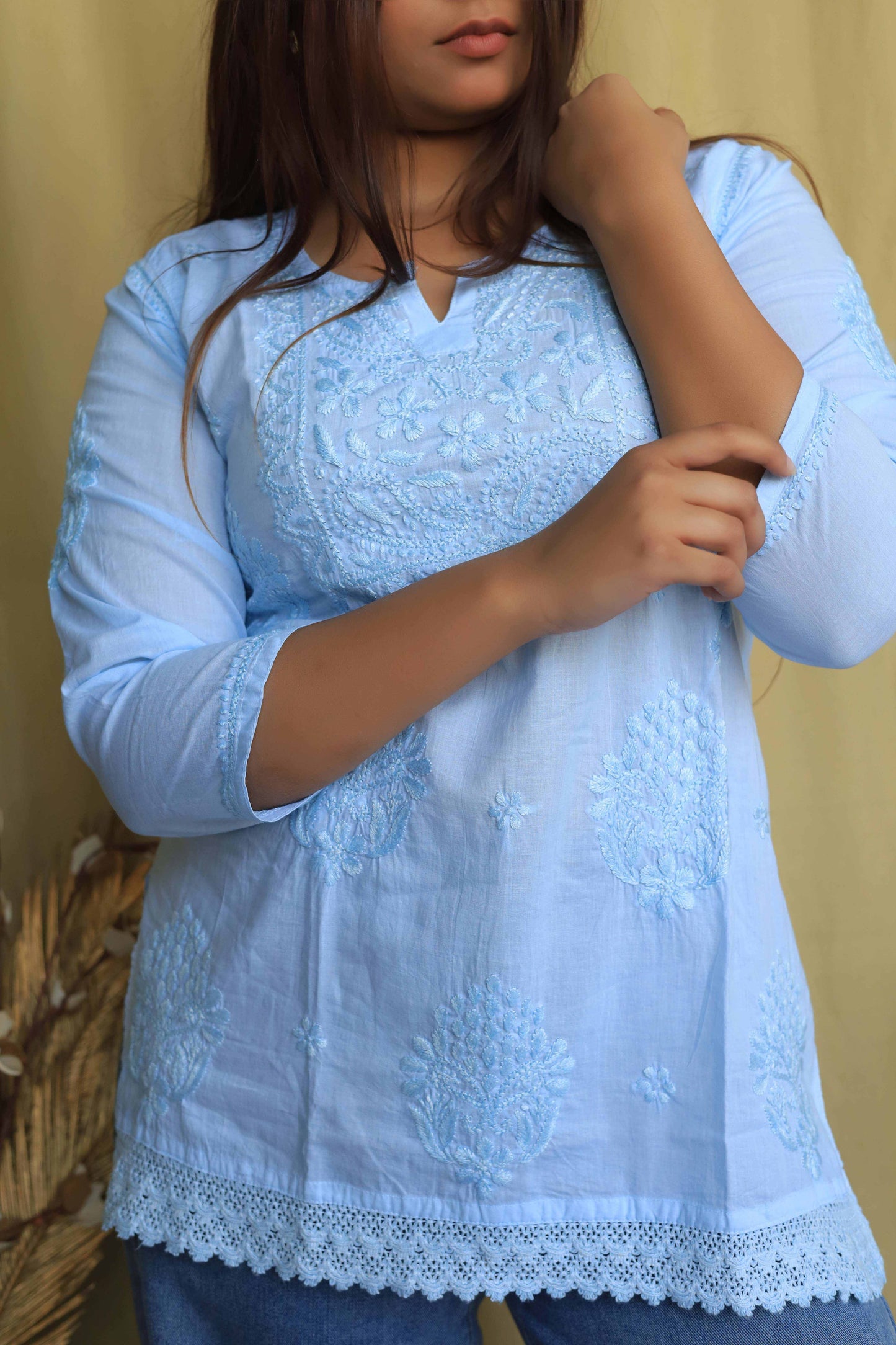 Cotton Chikankari Short kurta with lace detailing - Pastel blue