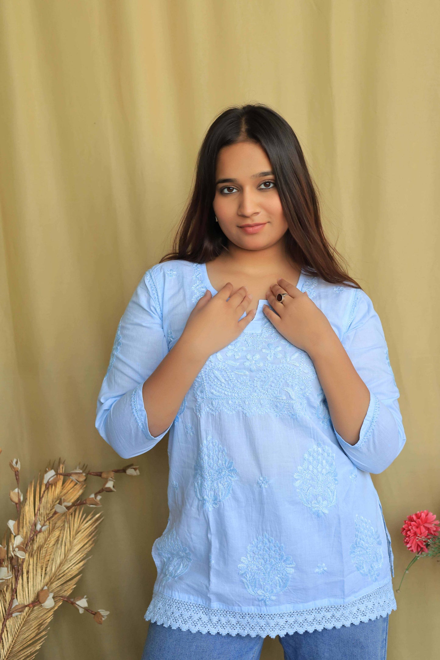 Cotton Chikankari Short kurta with lace detailing - Pastel blue