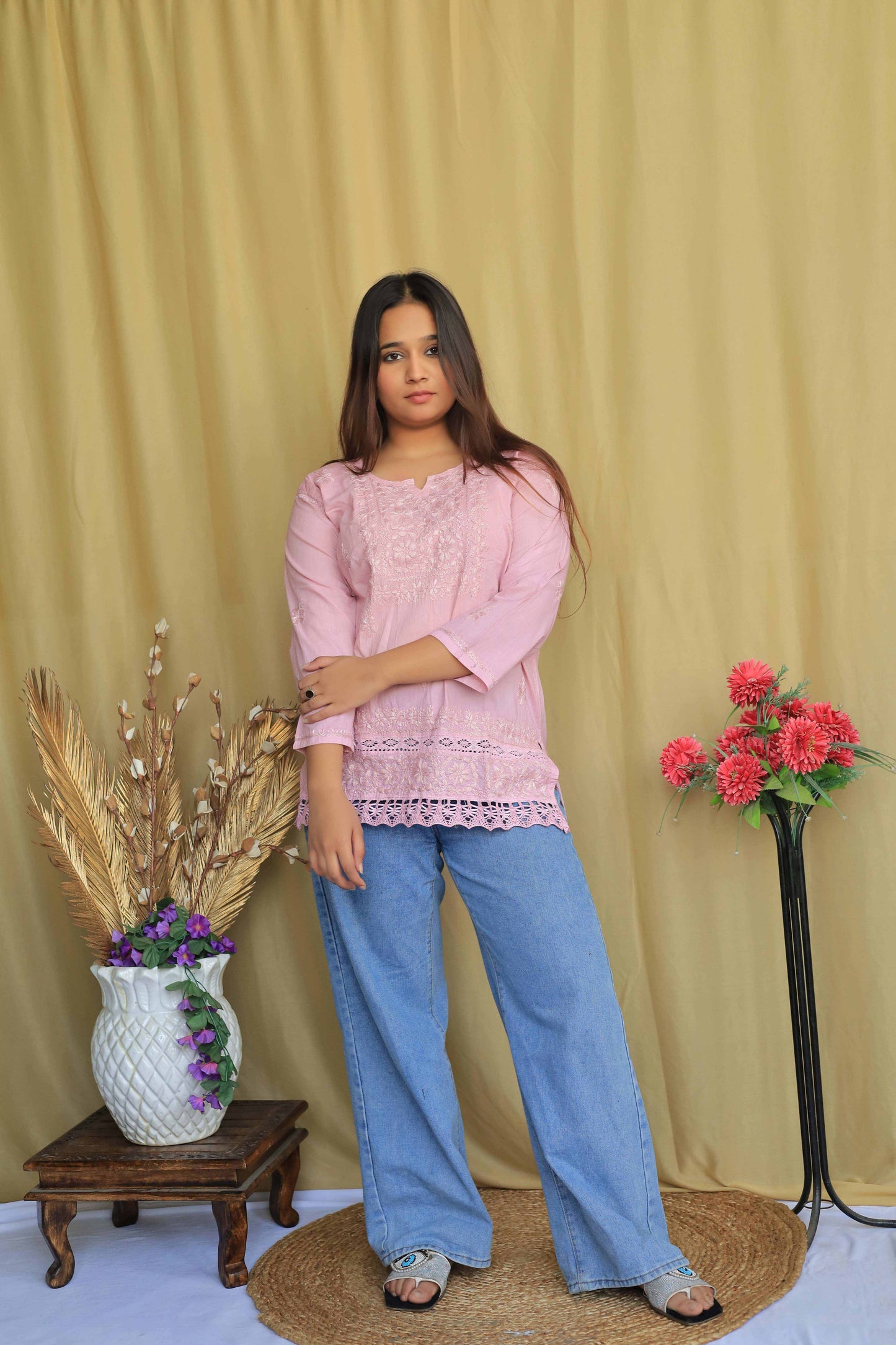 Cotton Chikankari Short kurta with lace detailing - Pink