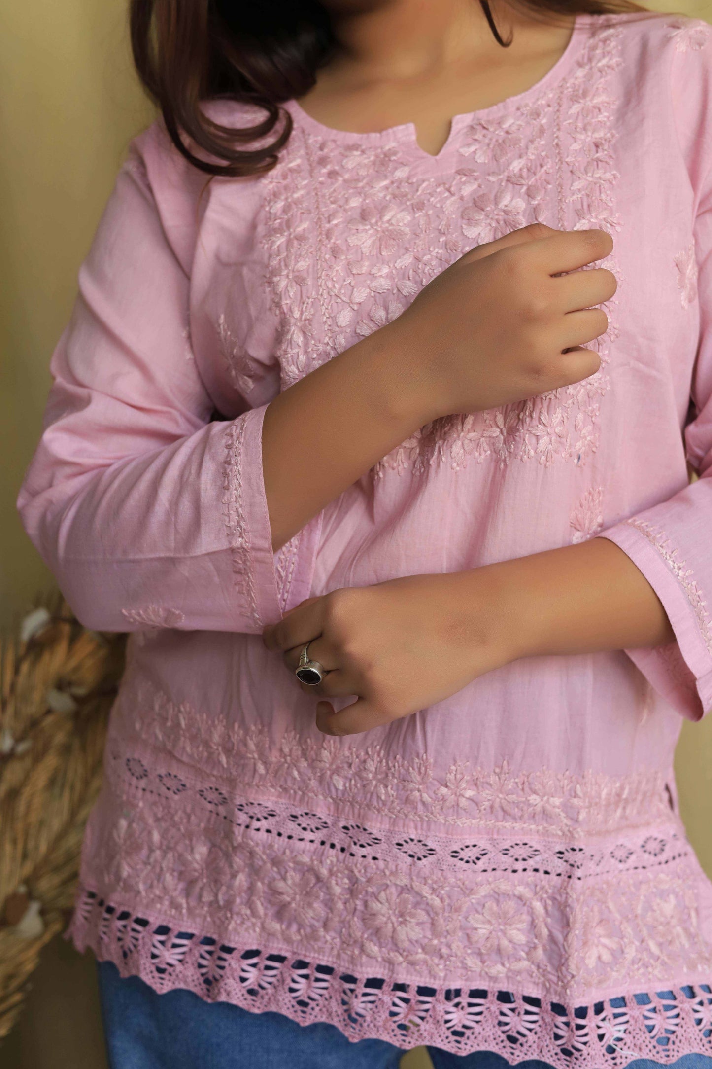 Cotton Chikankari Short kurta with lace detailing - Pink