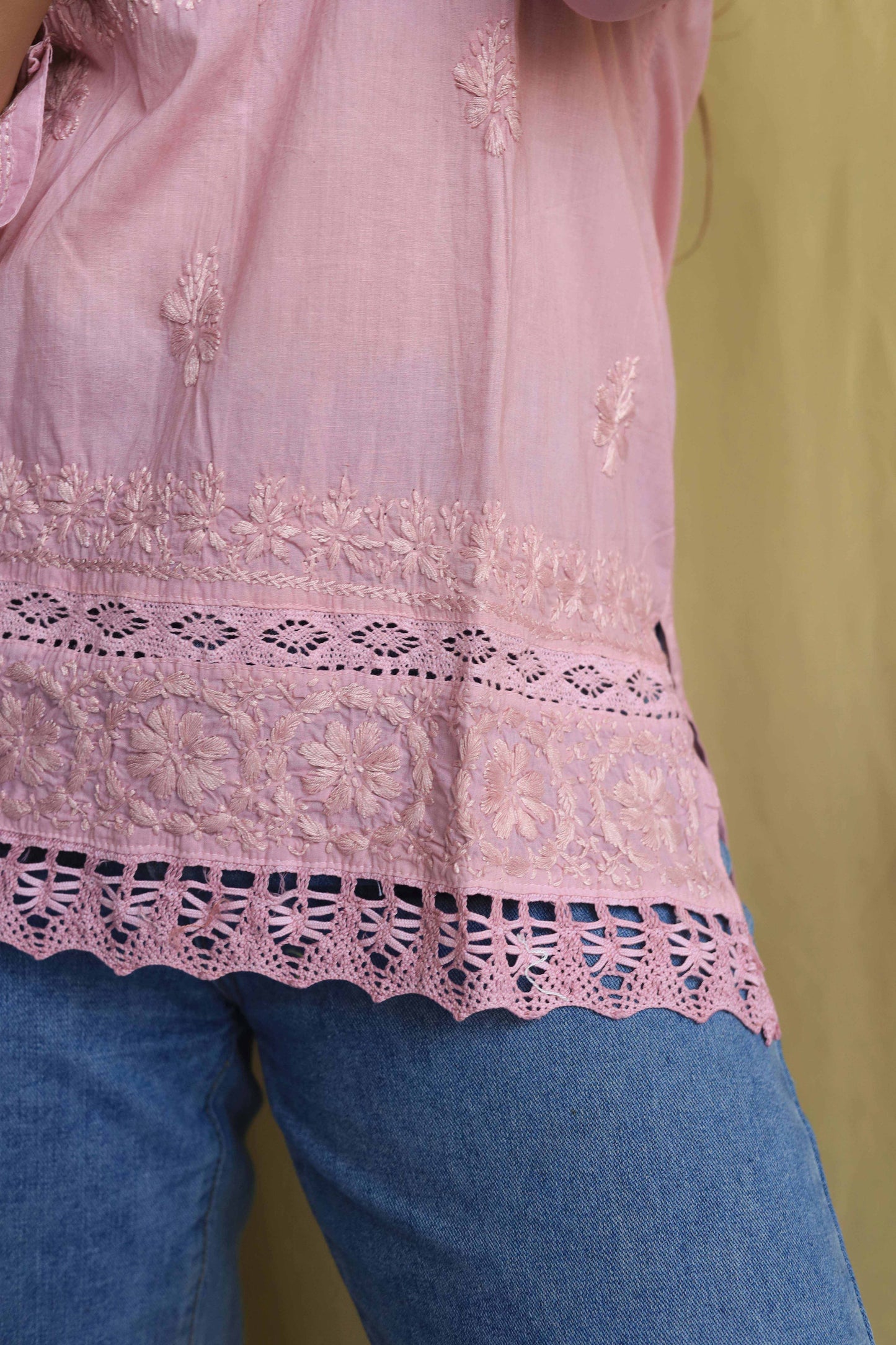 Cotton Chikankari Short kurta with lace detailing - Pink
