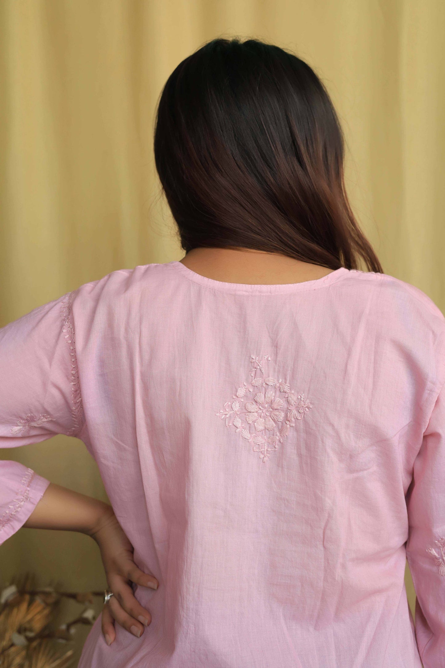 Cotton Chikankari Short kurta with lace detailing - Pink