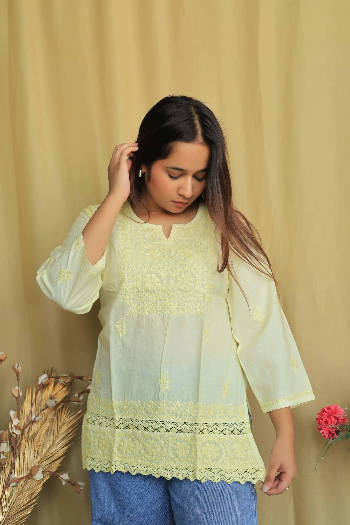 Cotton Chikankari Short kurta with lace detailing - yellow