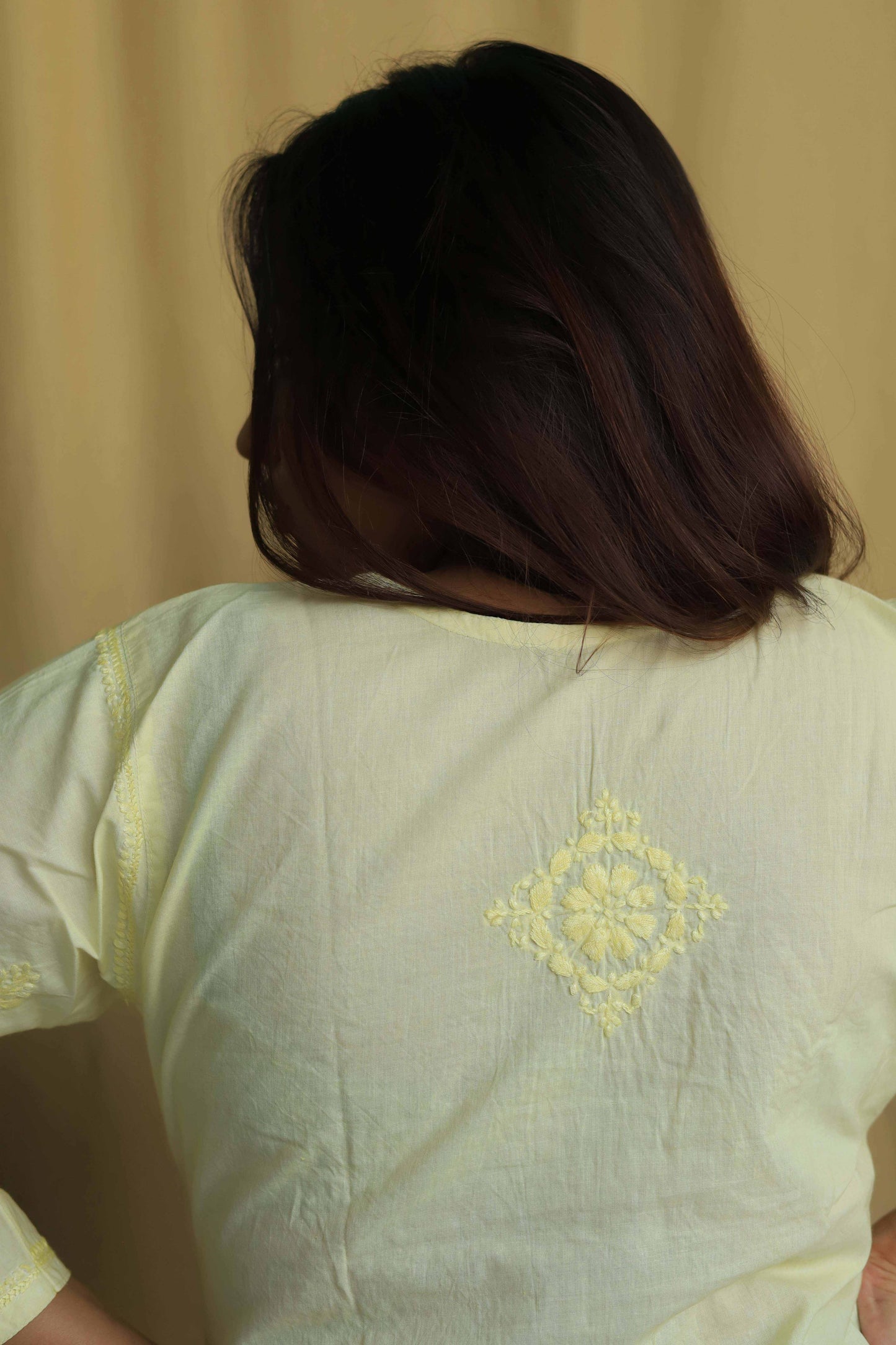 Cotton Chikankari Short kurta with lace detailing - yellow