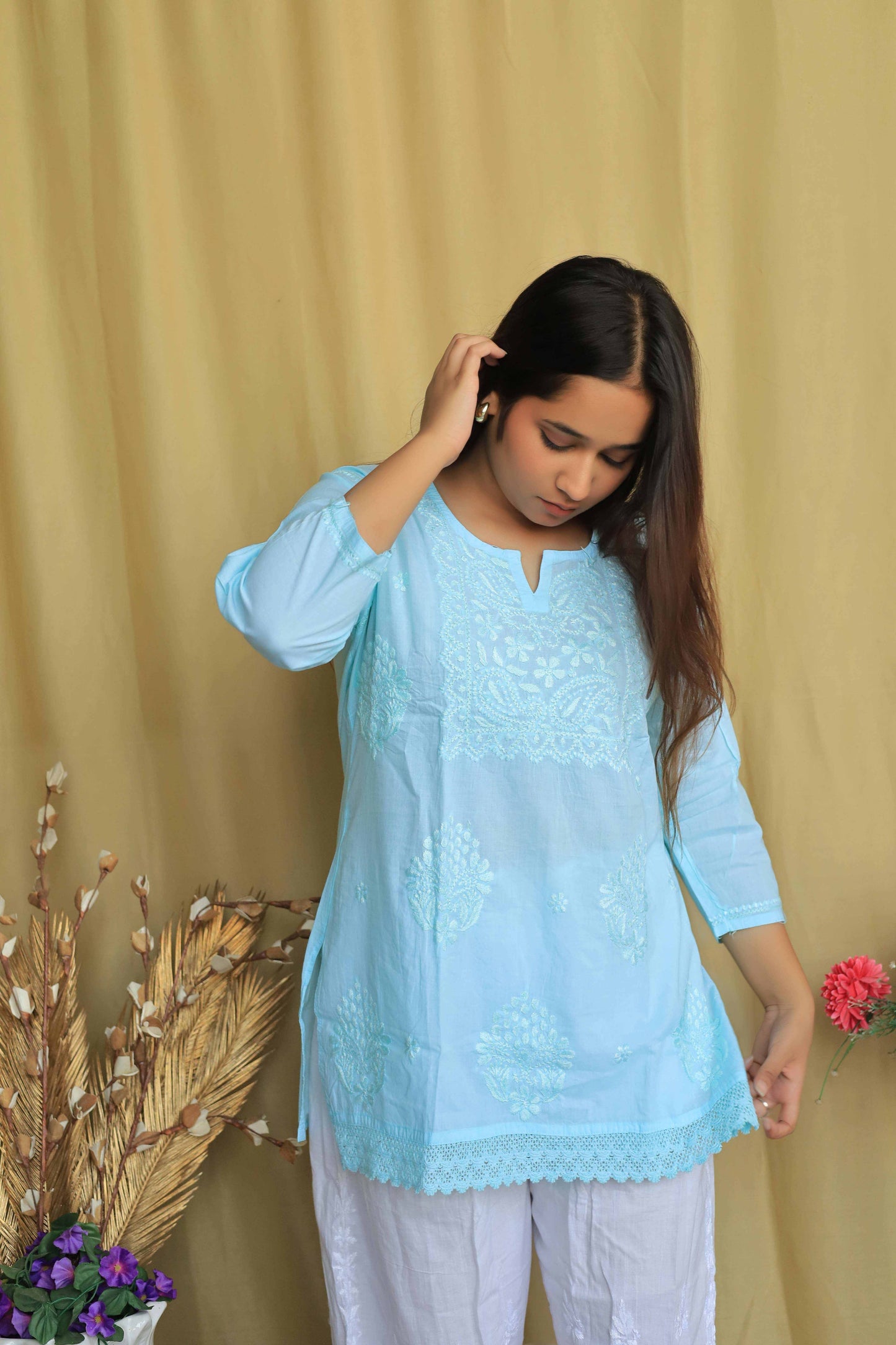Cotton Chikankari Short kurta with lace detailing - Blue
