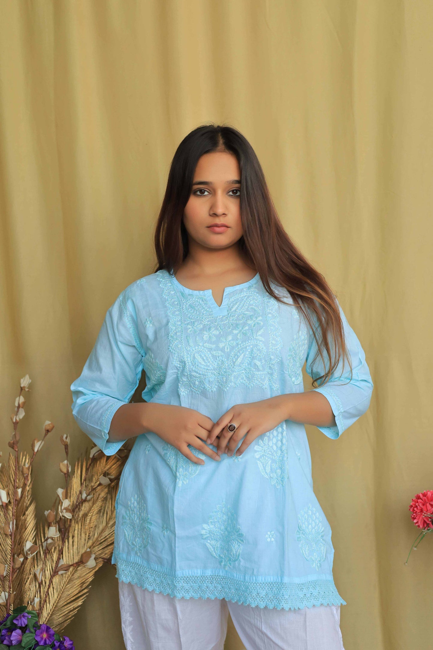 Cotton Chikankari Short kurta with lace detailing - Blue