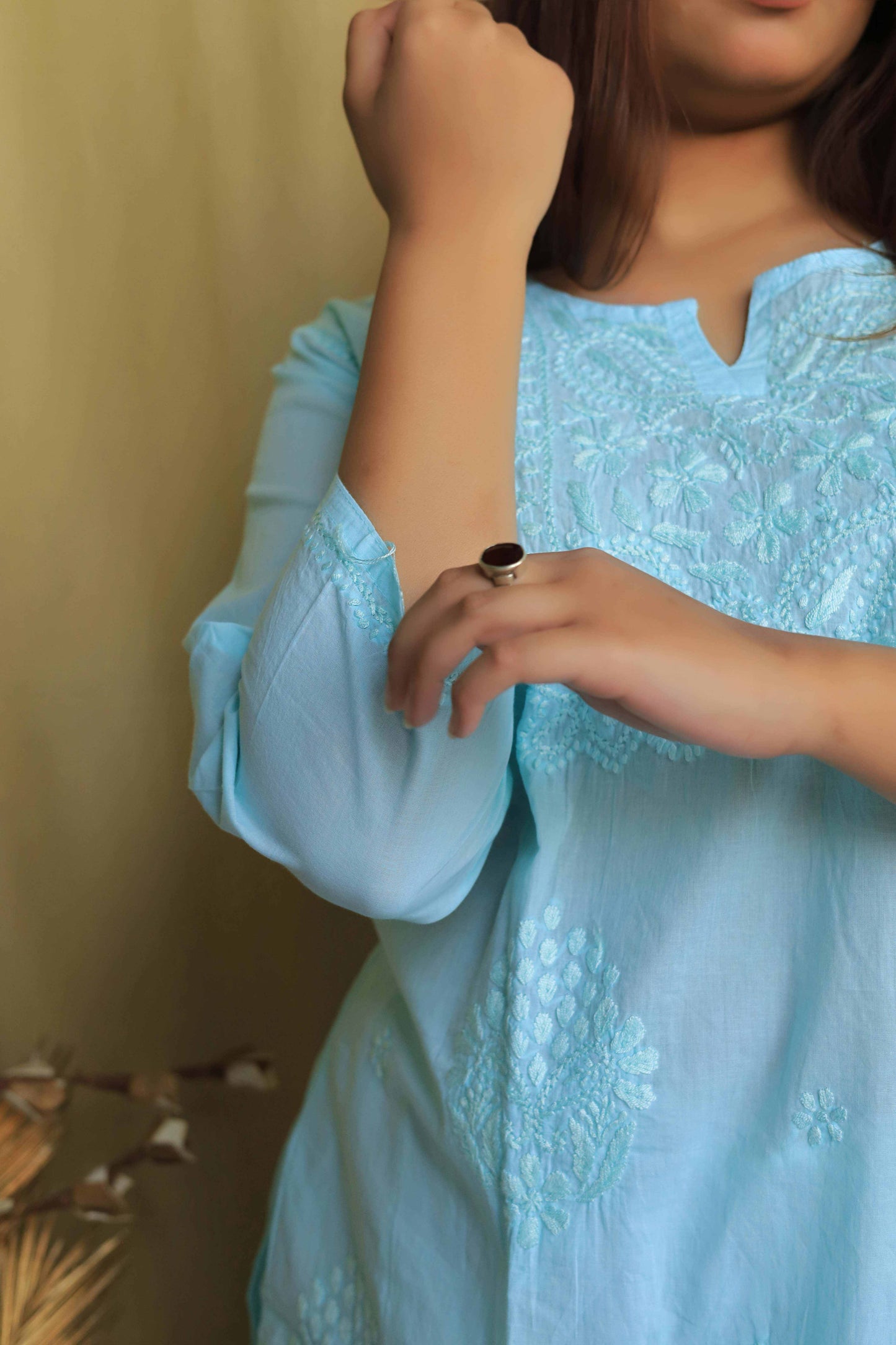 Cotton Chikankari Short kurta with lace detailing - Blue