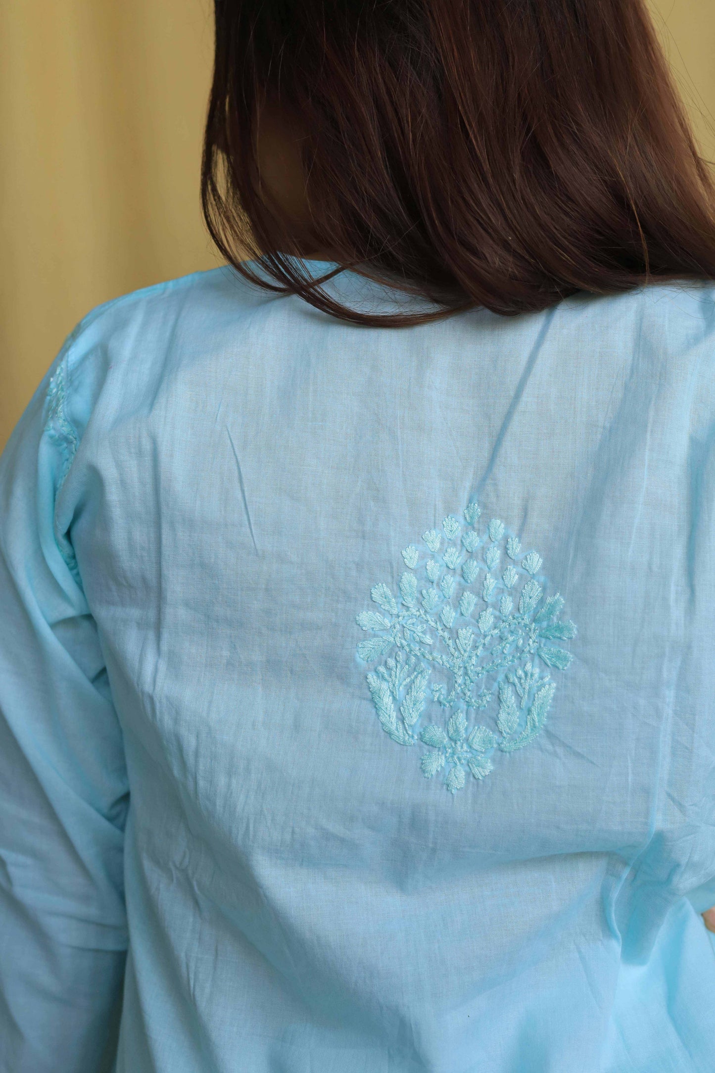 Cotton Chikankari Short kurta with lace detailing - Blue