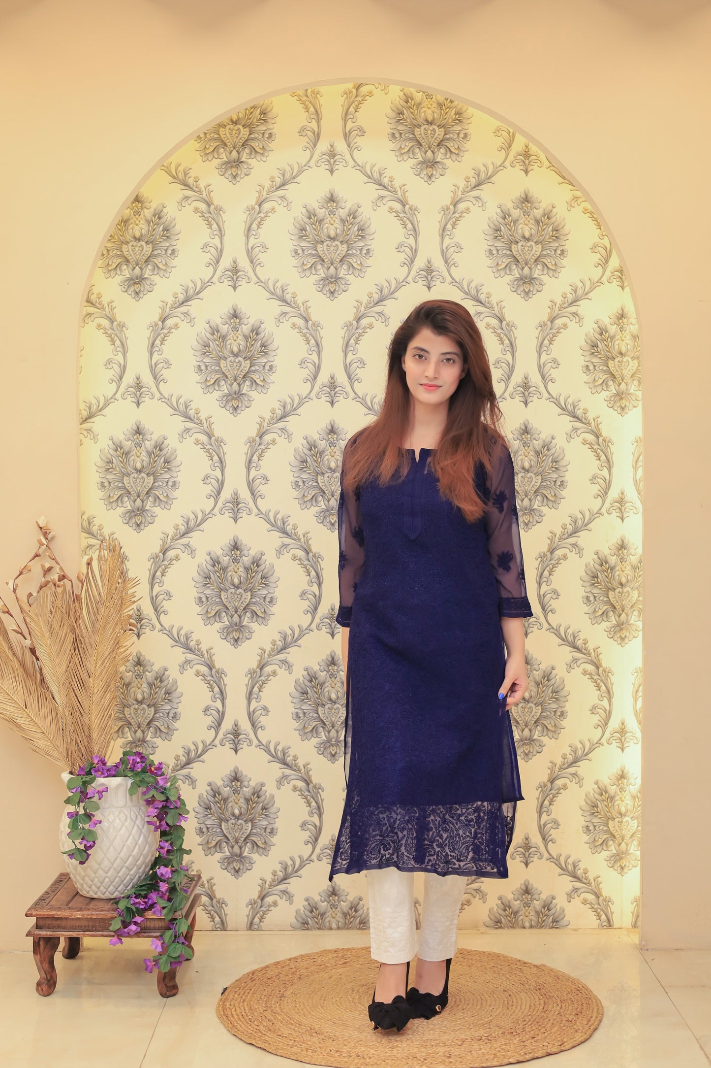 Aabdaar Premium Georgette Kurta - Navy Blue