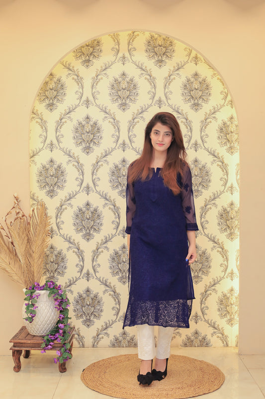Aabdaar Premium Georgette Kurta - Navy Blue