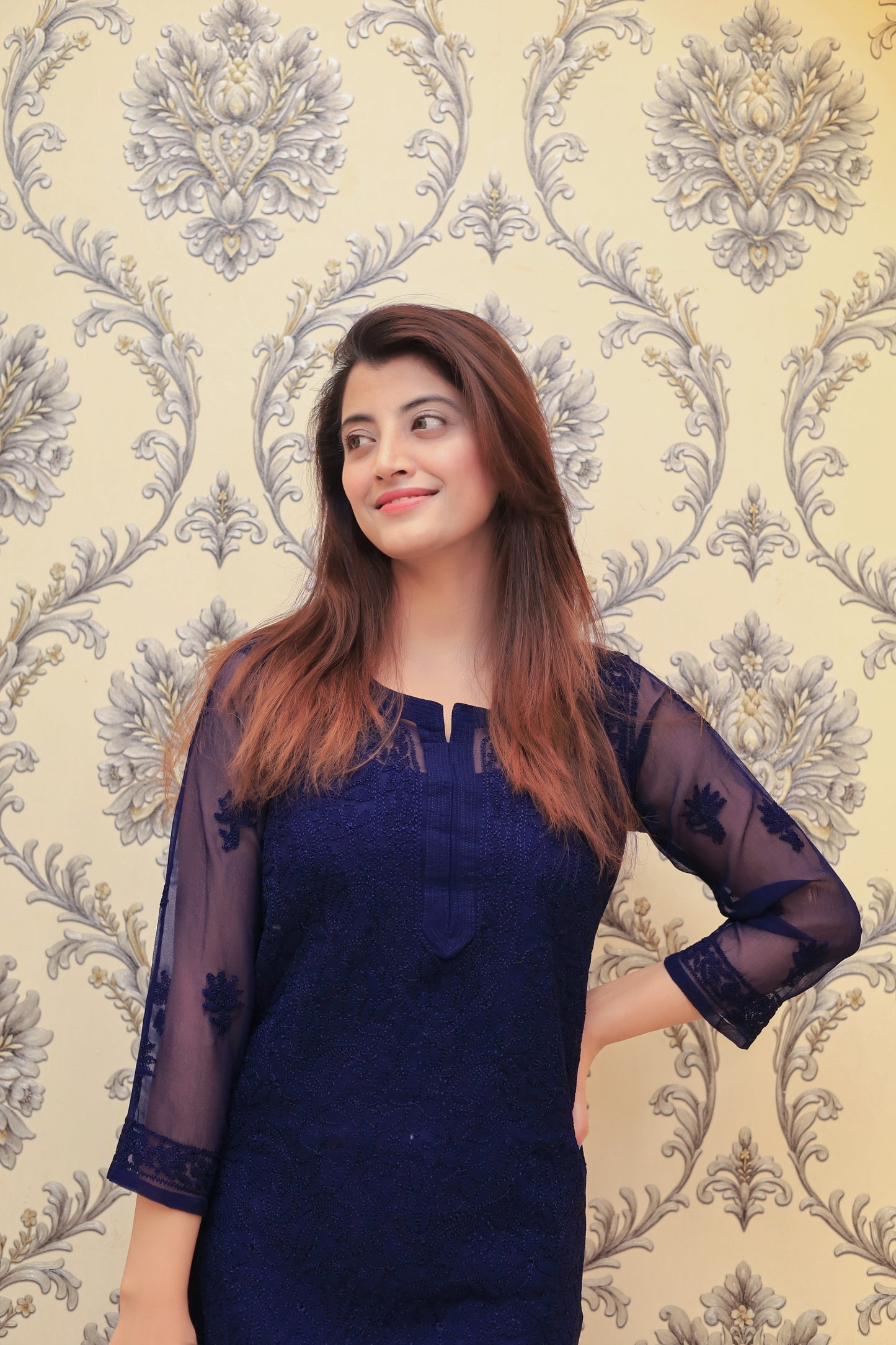 Aabdaar Premium Georgette Kurta - Navy Blue