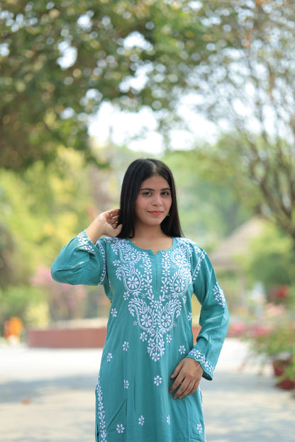Aabdaar Premium Rayon Chikankari Set - Blue