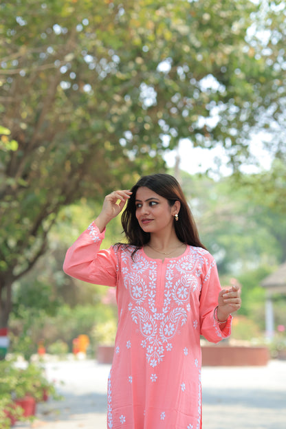 Aabdaar Premium Rayon Chikankari Set - Pink