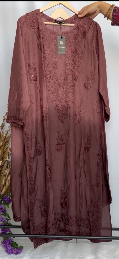 Premium Muslin Chikankari Kurta Palazzo set - Brown (Dual tone)