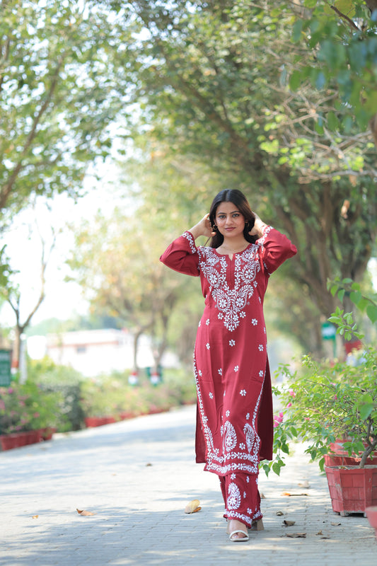 Aabdaar Premium Rayon Chikankari Set - Red