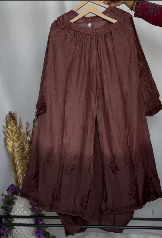 Premium Muslin Chikankari Kurta Palazzo set - Brown (Dual tone)