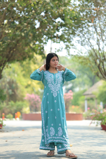 Aabdaar Premium Rayon Chikankari Set - Blue