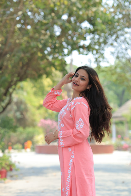 Aabdaar Premium Rayon Chikankari Set - Pink