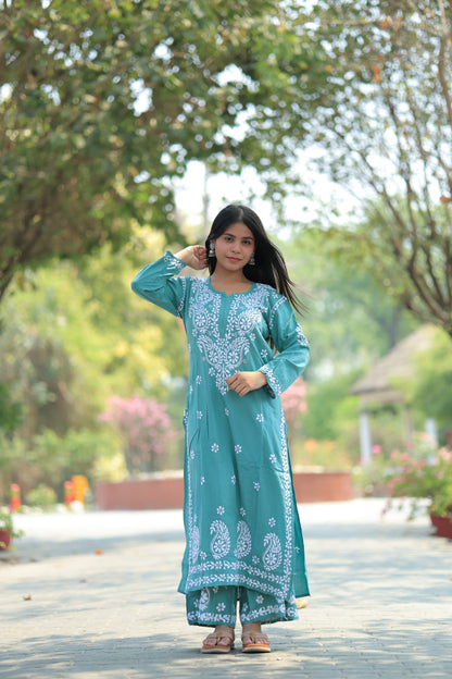 Aabdaar Premium Rayon Chikankari Set - Blue