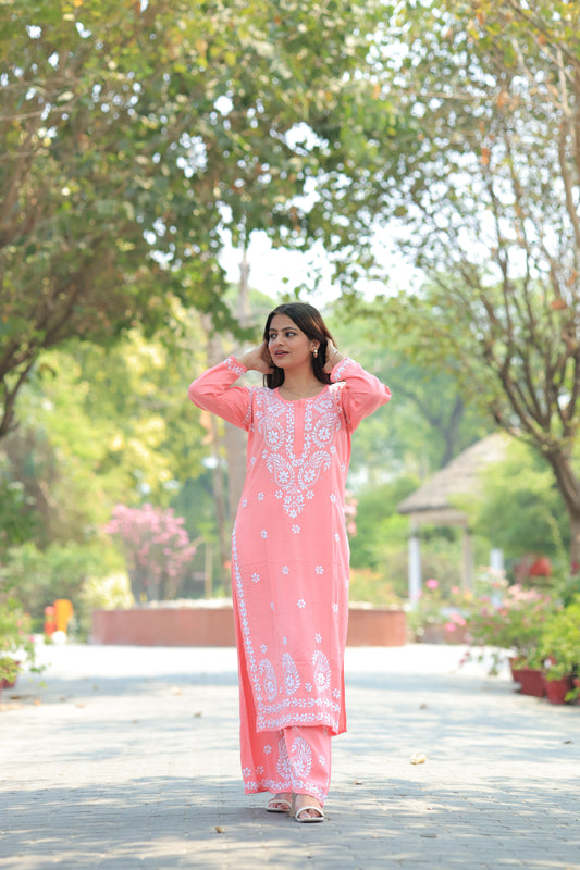 Aabdaar Premium Rayon Chikankari Set - Pink