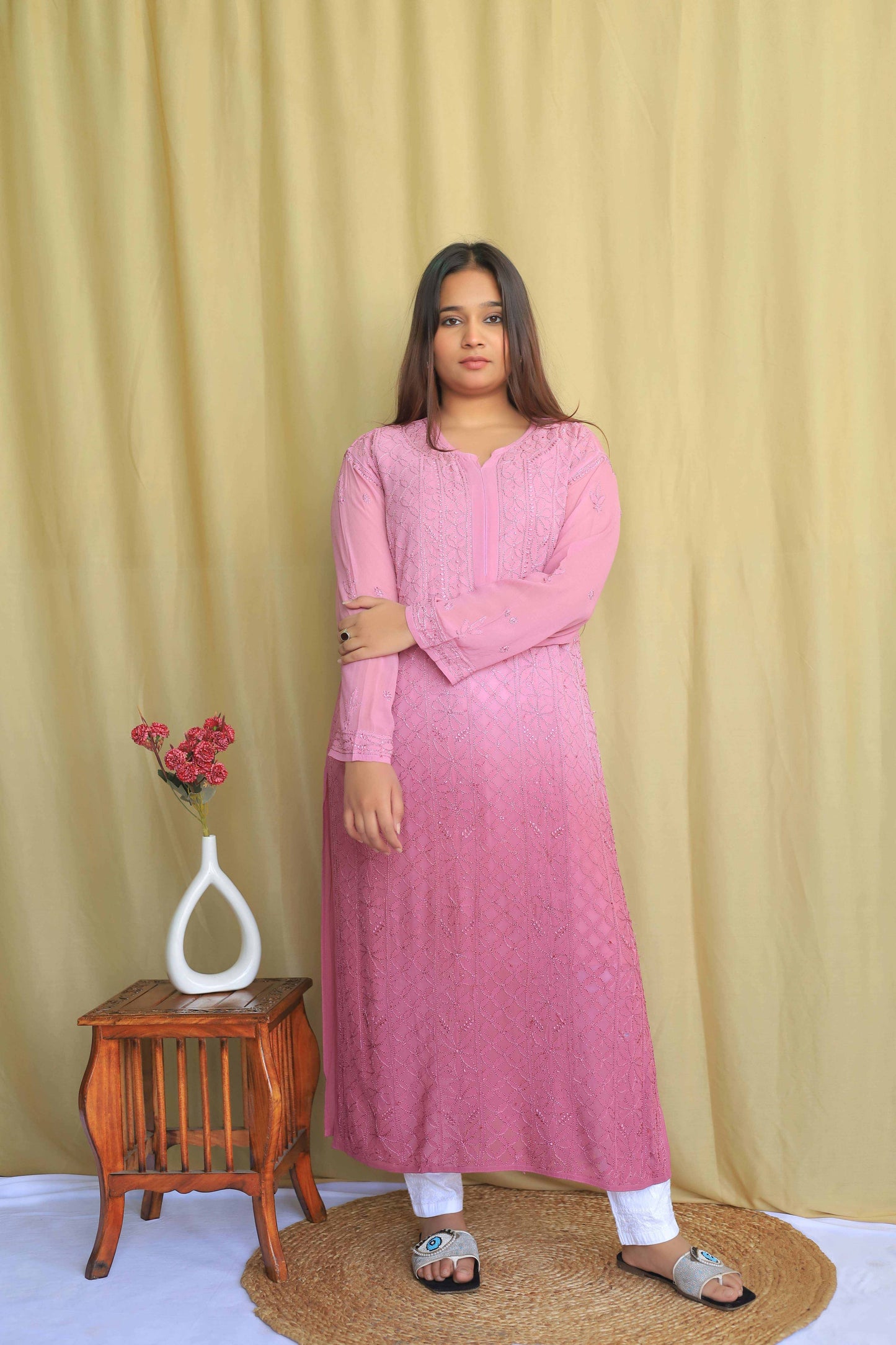 Jaal Georgette Kurta In Fine Chikankari Work Mauve(Dual shade)
