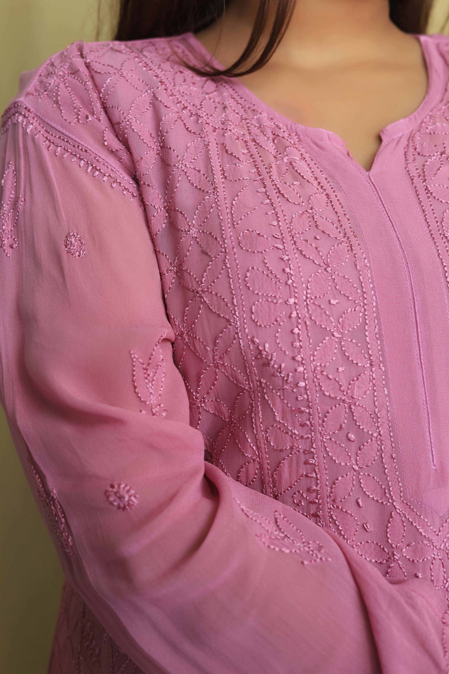 Jaal Georgette Kurta In Fine Chikankari Work Mauve(Dual shade)