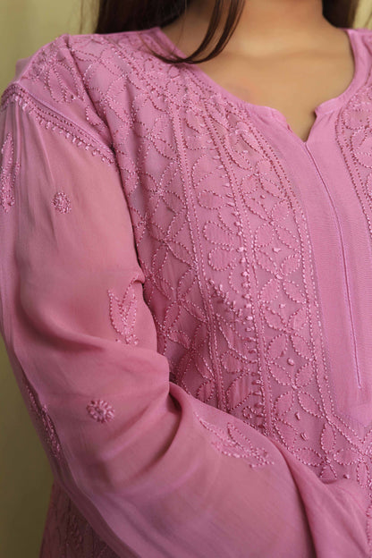 Jaal Georgette Kurta In Fine Chikankari Work Mauve(Dual shade)