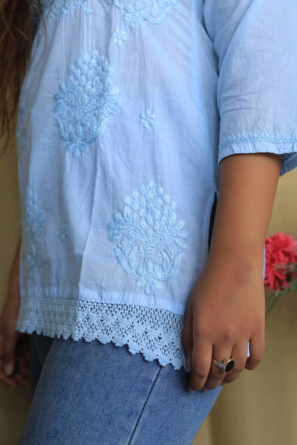 Cotton Chikankari Short kurta with lace detailing - Pastel blue